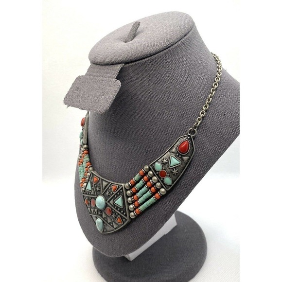 Necklace Southwest Bib Necklace Faux Turquoise Faux Coral Pewter Finish … - Picture 7 of 7